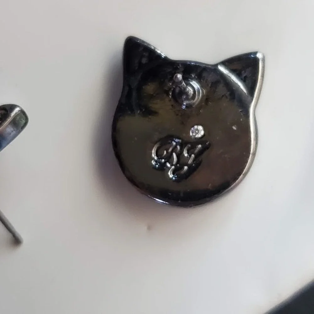 Betsey Johnson Black Cat Stud Earrings Gunmetal Multicolor Crystal Rhinestone BJ